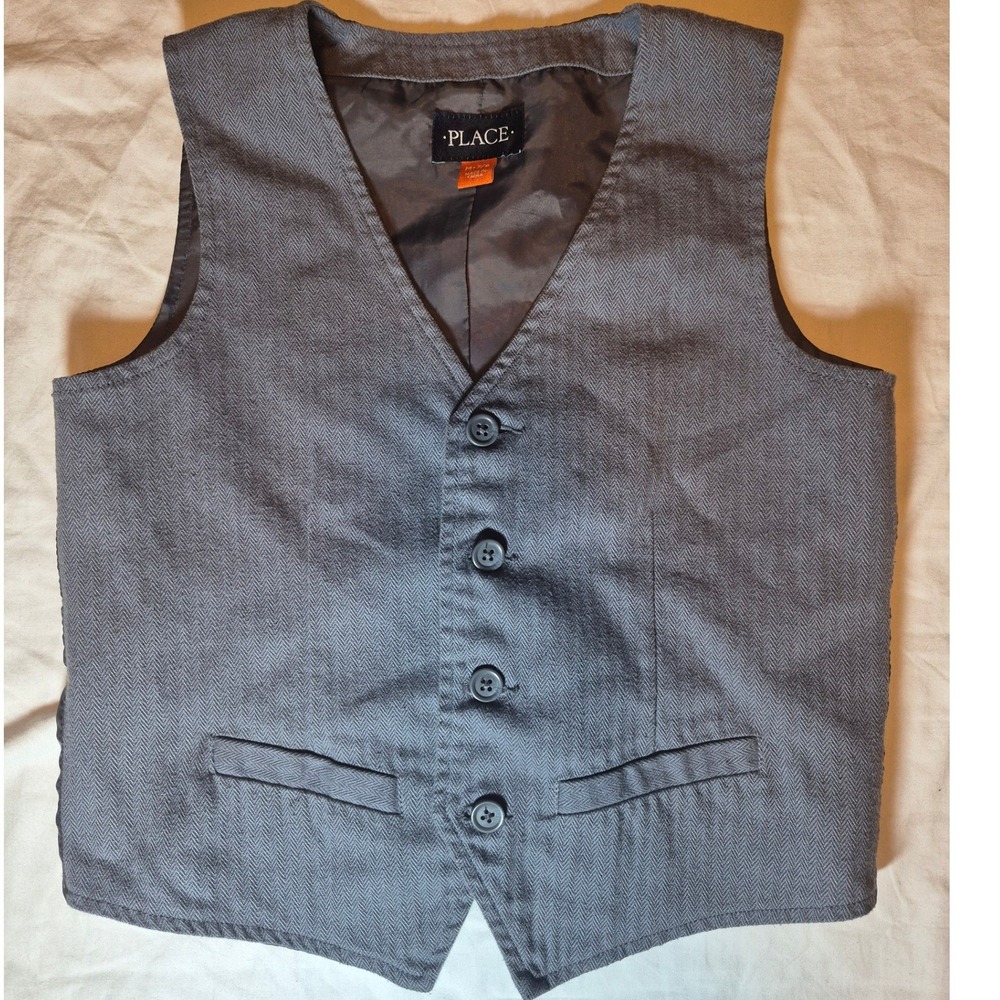 The Children's Place Boys Gray Herringbone Vest Size M 7/8 Formal Waistcoat